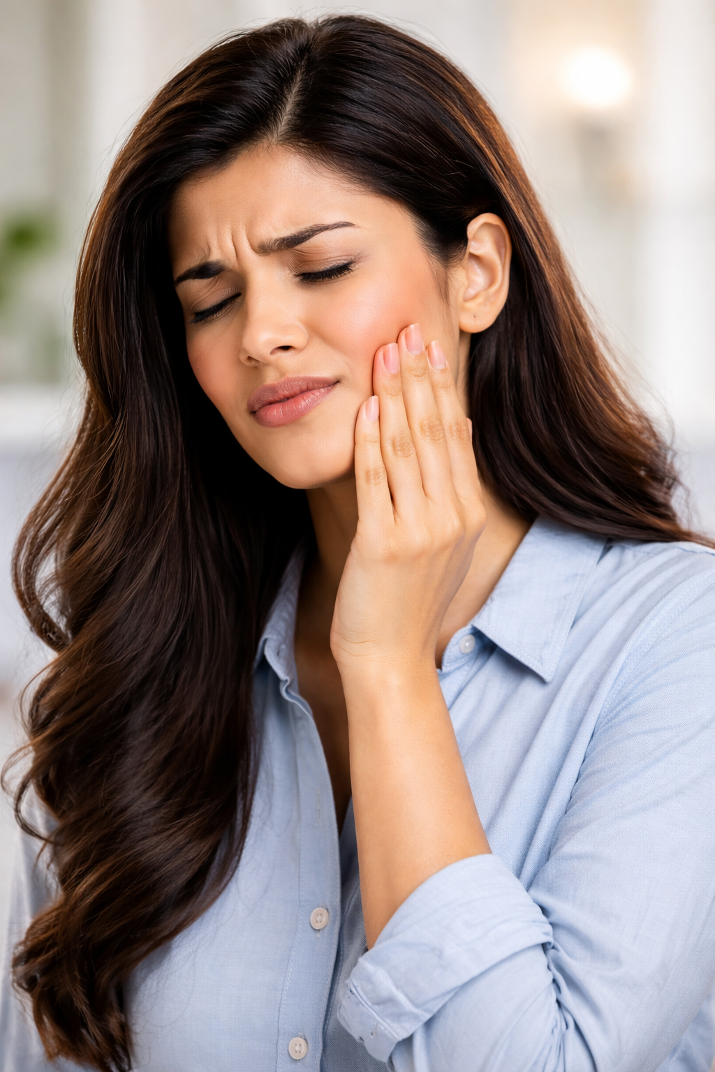 Person wincing from tooth sensitivity pain — Indian lifestyle context